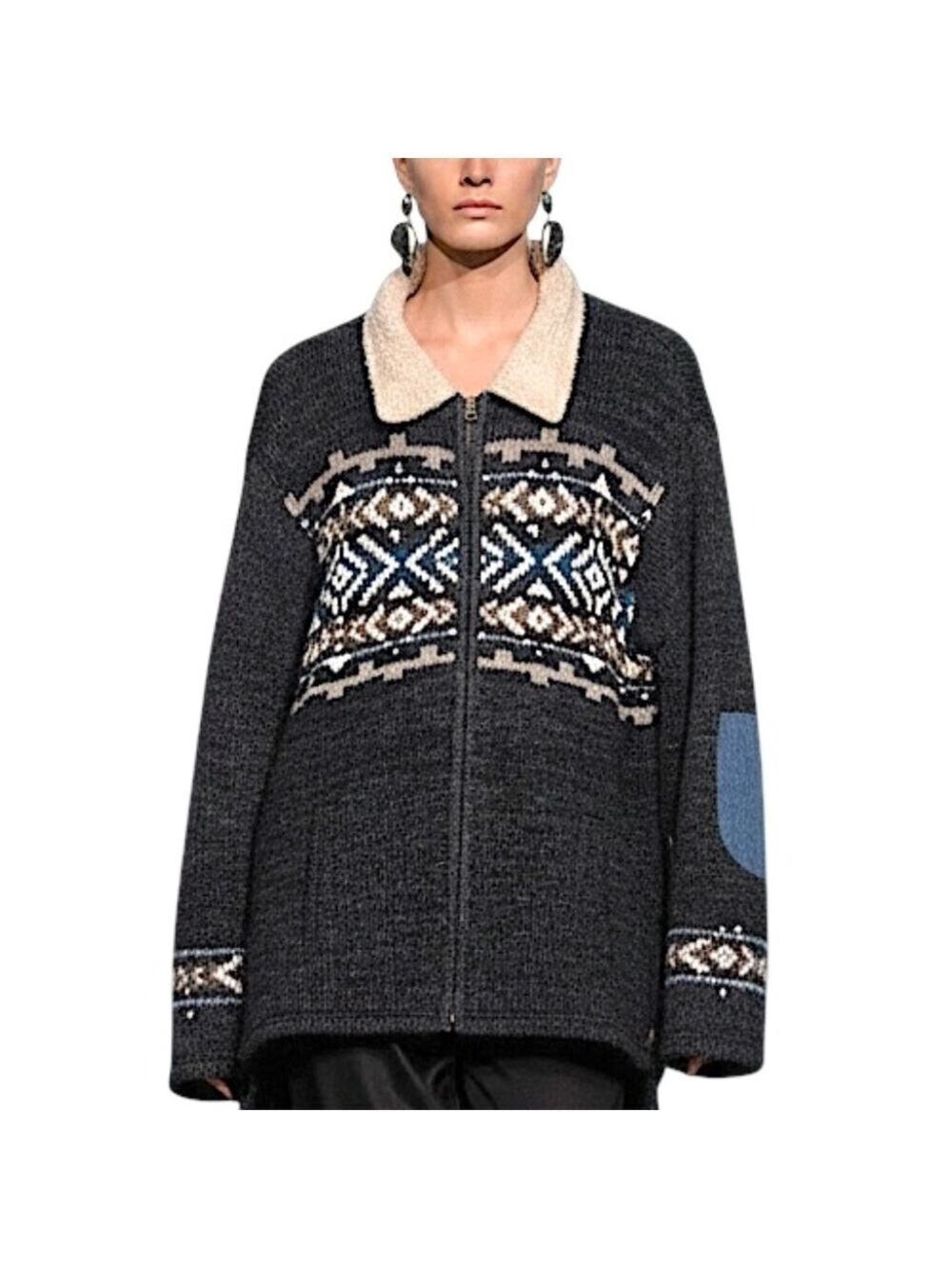Laundromat pure wool made in Nepal grey fair isle fleece lined sweater coat XXL